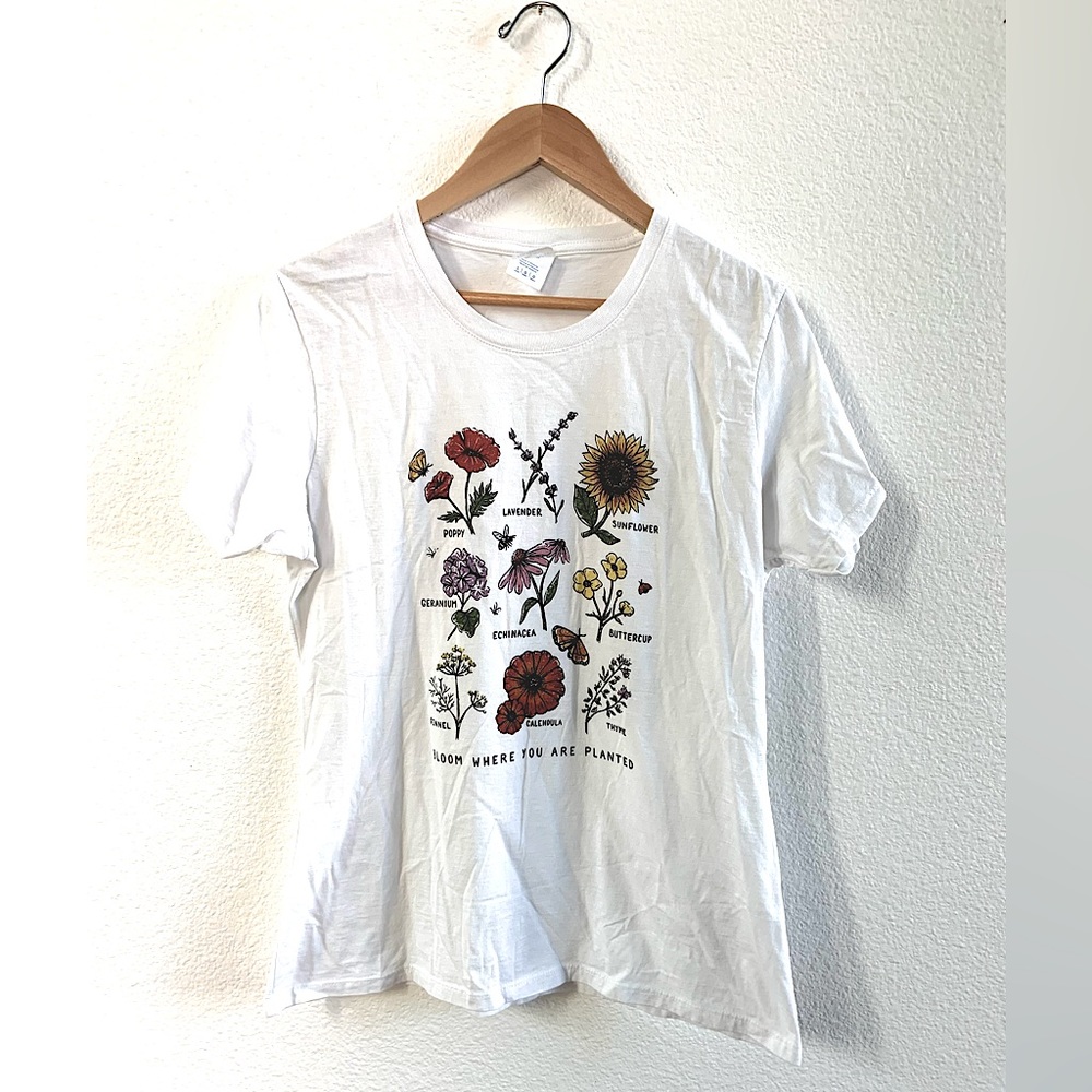 ‘Bloom Where You’re Planted’ White Unisex T-shirt Size L